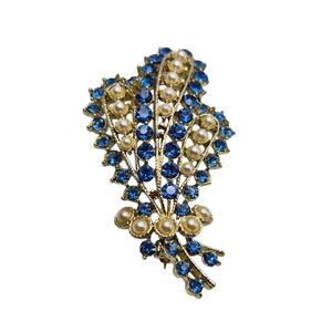 Vintage Blue Rhinestone Faux Pearl Brooch Gold Tone Floral Spray Pin